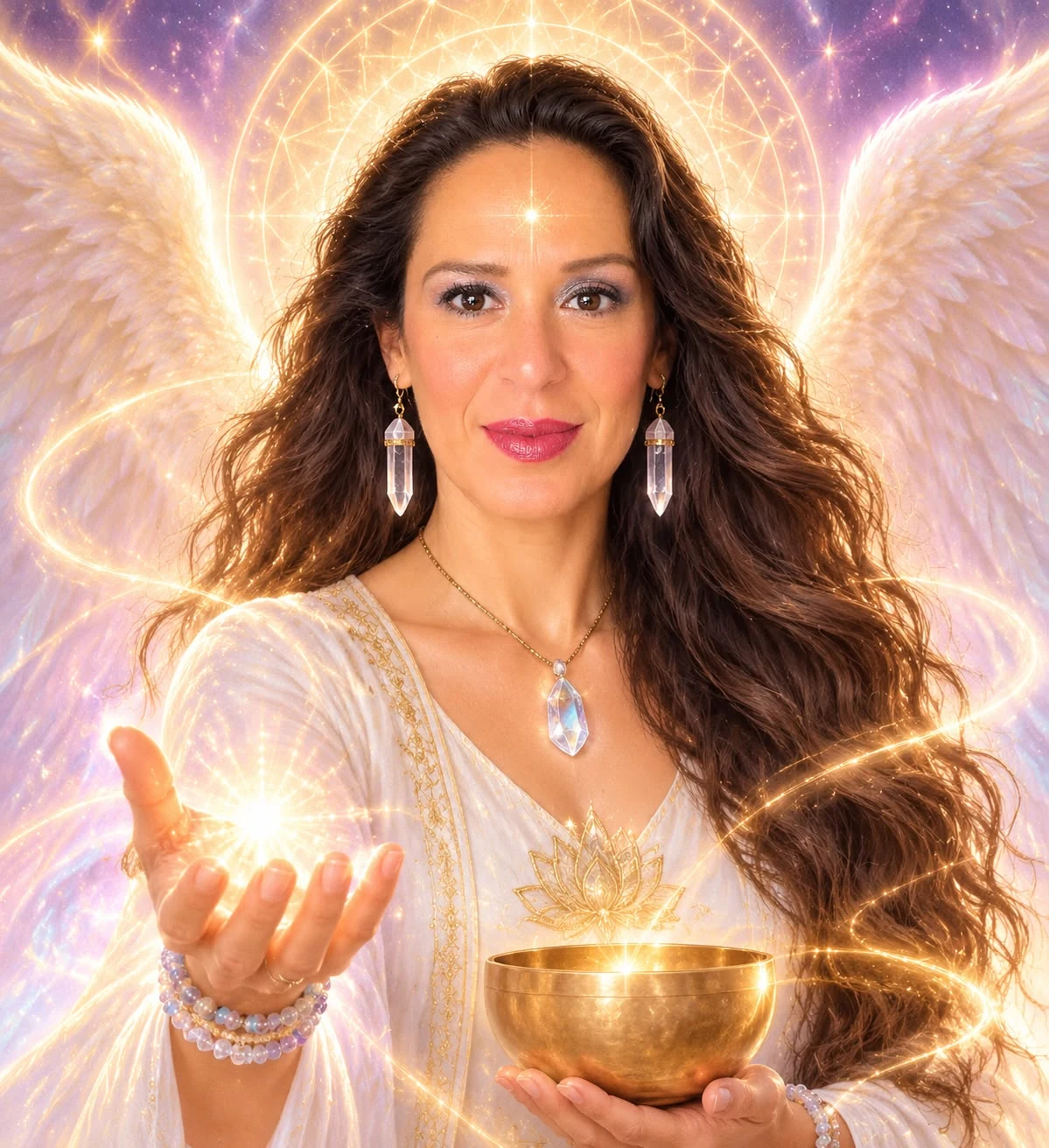 Imagen angelical con alas luminosas y un cuenco