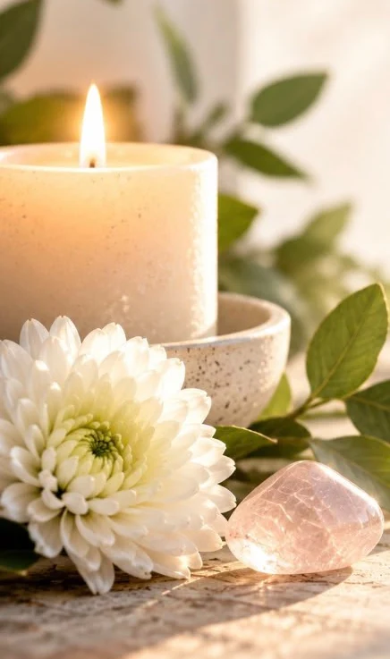 Vela, flor blanca y cristal rosa