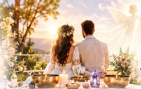Pareja durante una ceremonia de unión con cuencos y flores